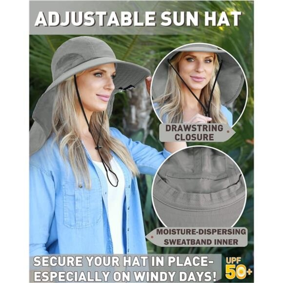 Neck Flap Sun Hat with Wide Brim - UPF 50+ Hiking Safari Fishing Caps for Men - Picture 3 of 7